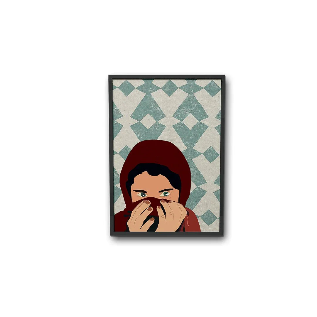 Ethnik Moroccan art print with woman in red scarf, geometric background, modern illustration