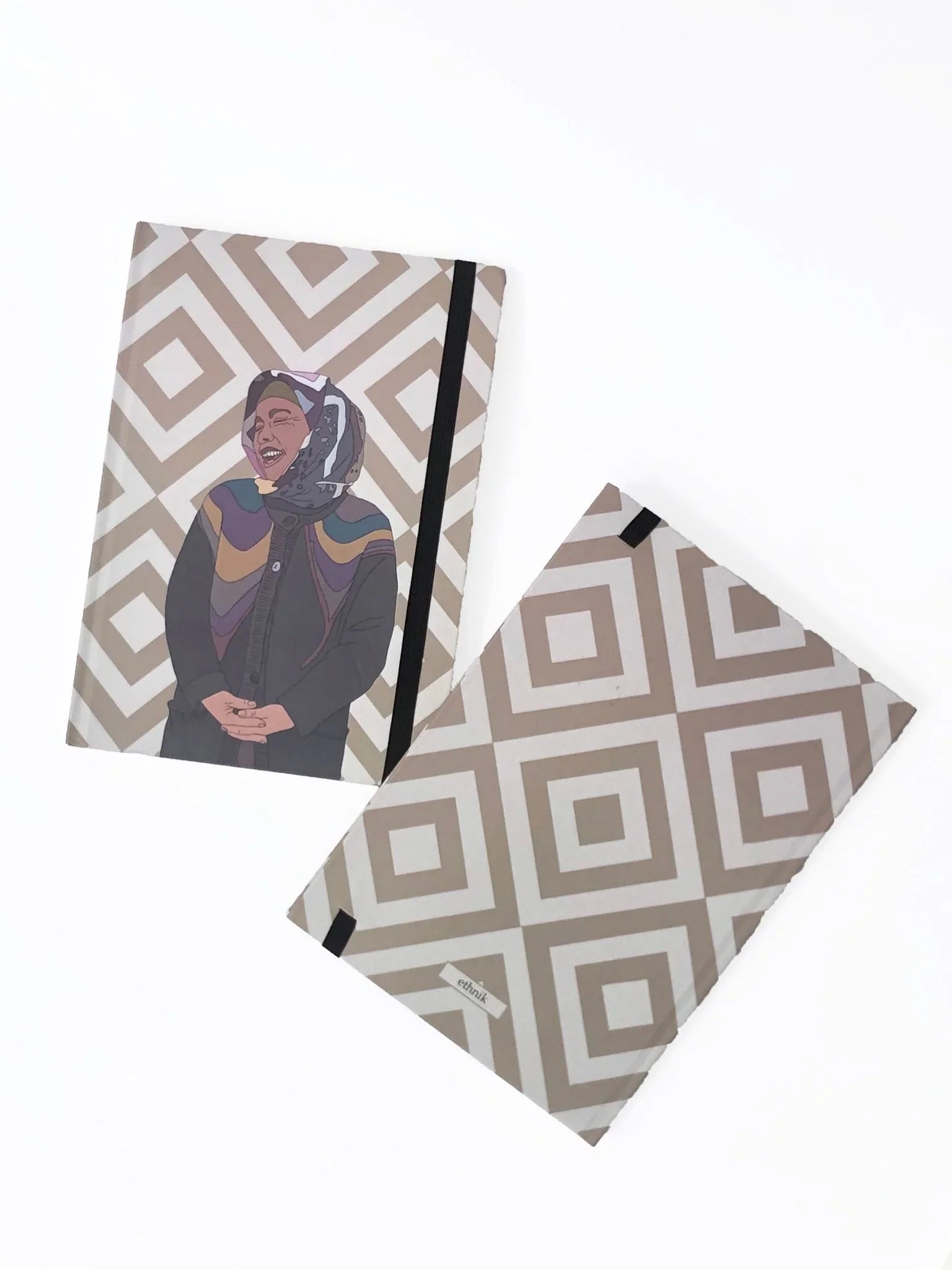 Ethnik Morocco notebook with geometric pattern and illustrated woman on cover, stationery accessory