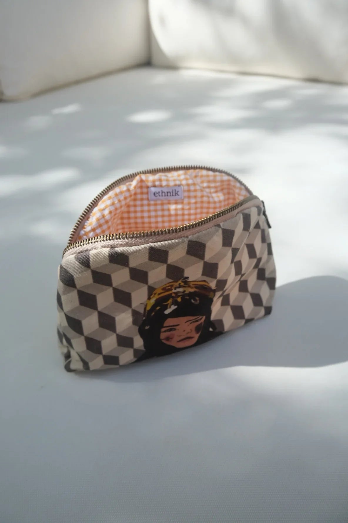 ethnik Moroccan geometric pouch with original illustration, zip closure, and gingham lining